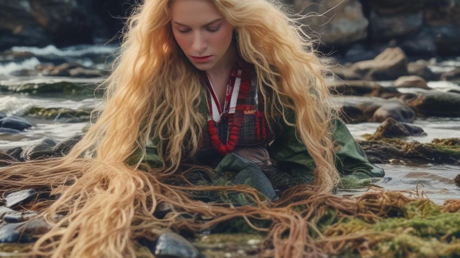 Blonde Scottish woman with hair tangled in seaweed