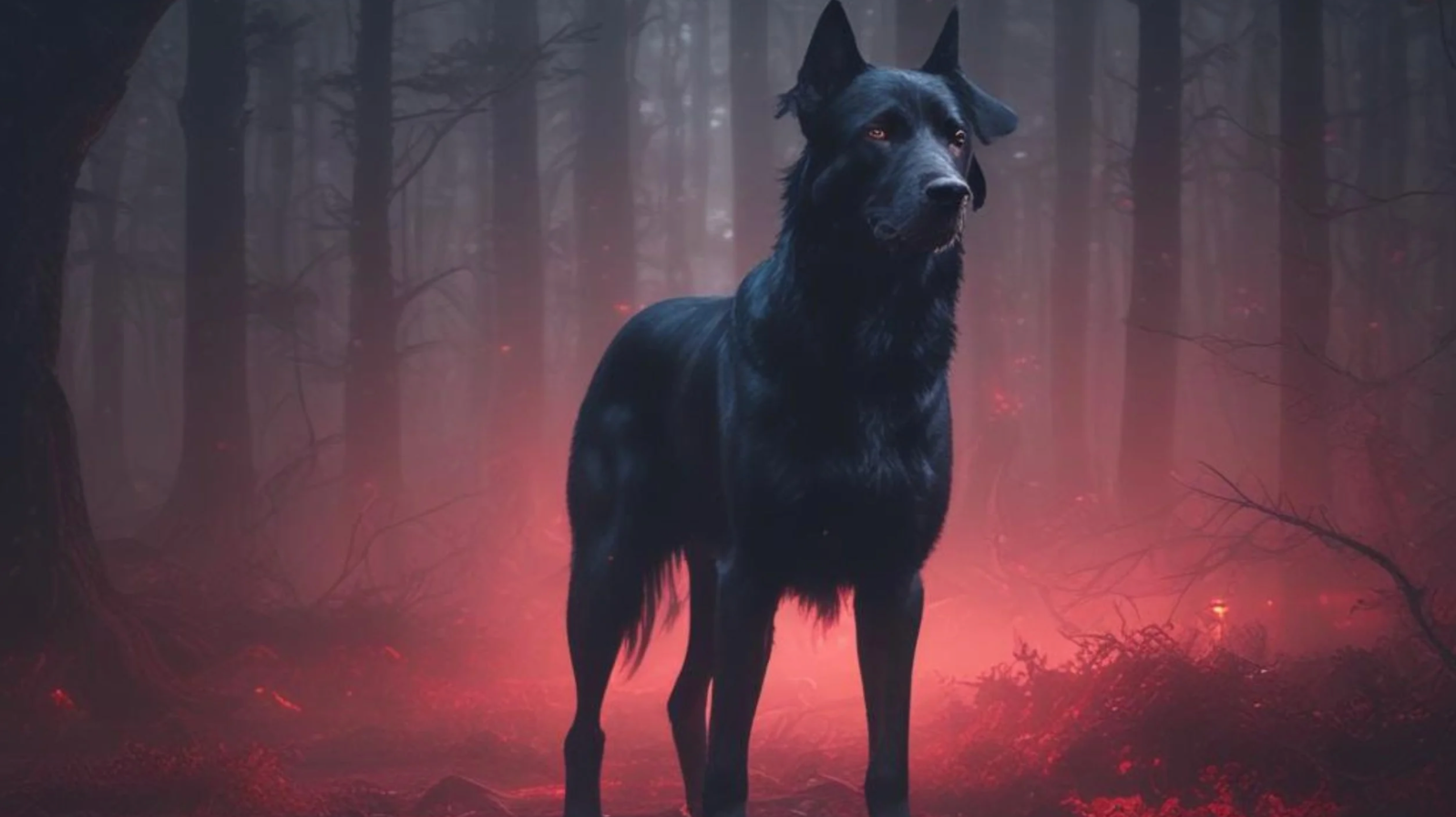 large black dog in a Scottish forest at night with red light glowing