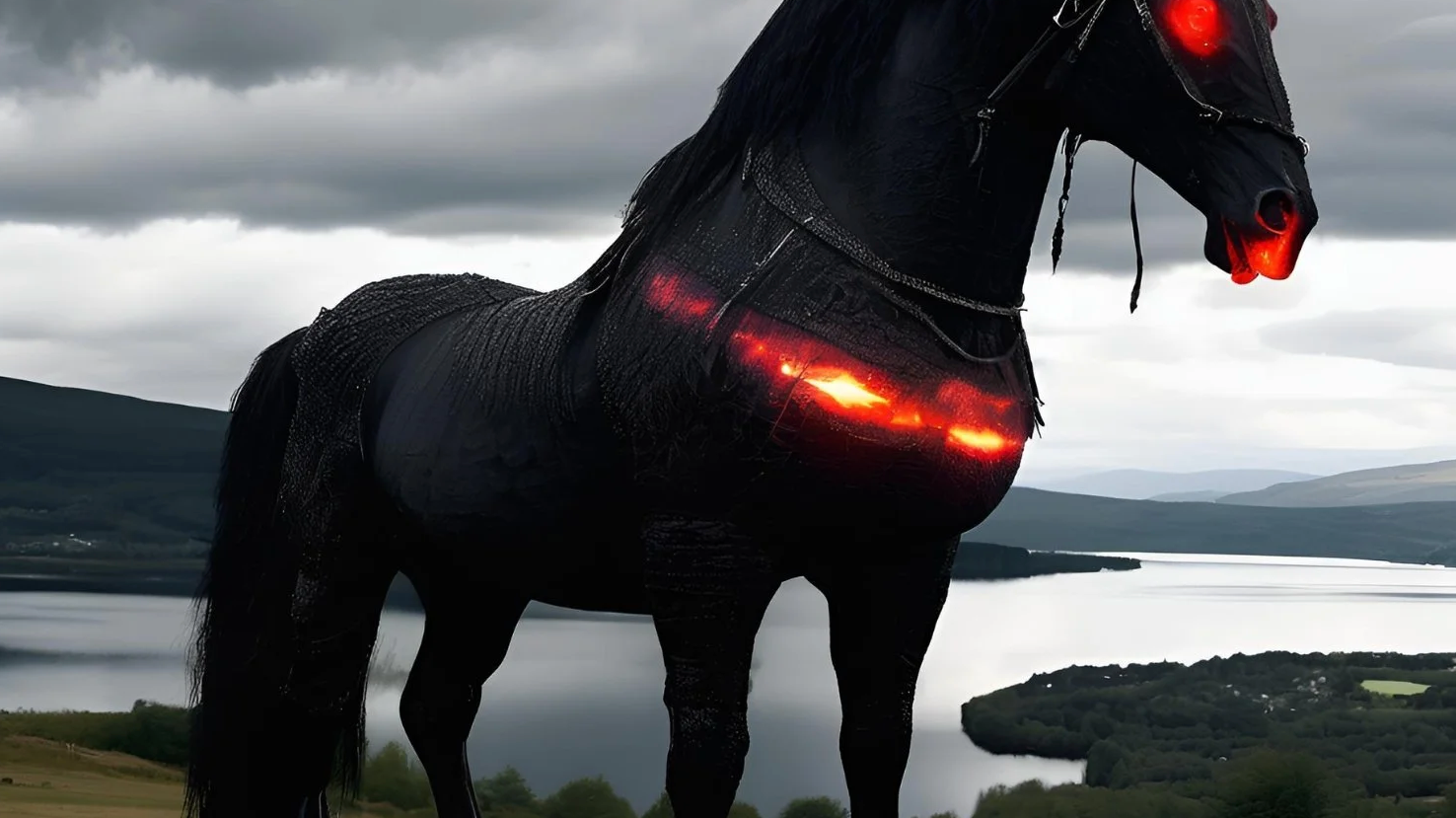 black Scottish kelpie standing beside Loch Ness