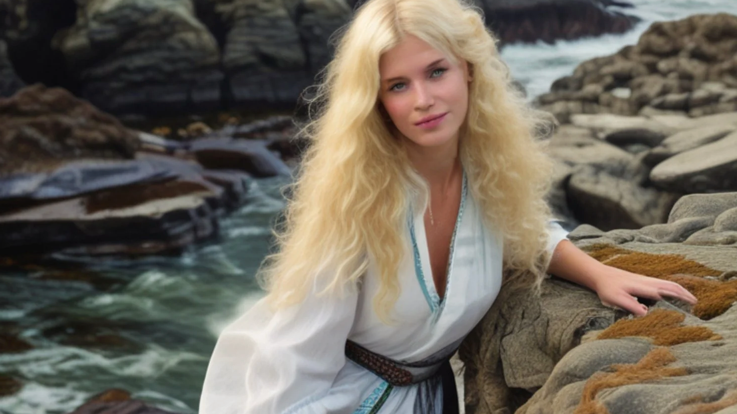 blonde woman laying on a rock on a scottish beach