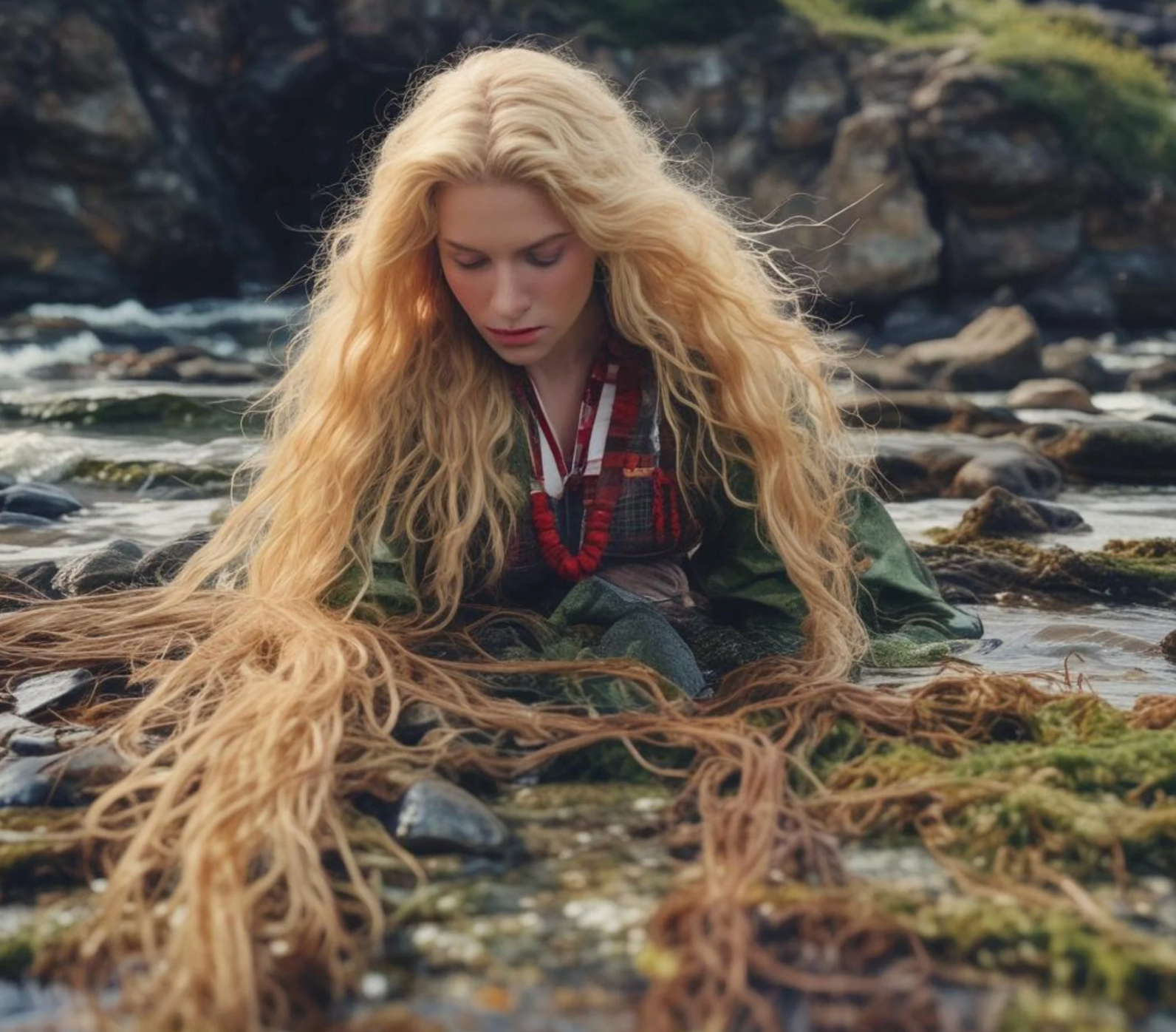 Blonde Scottish woman with hair tangled in seaweed