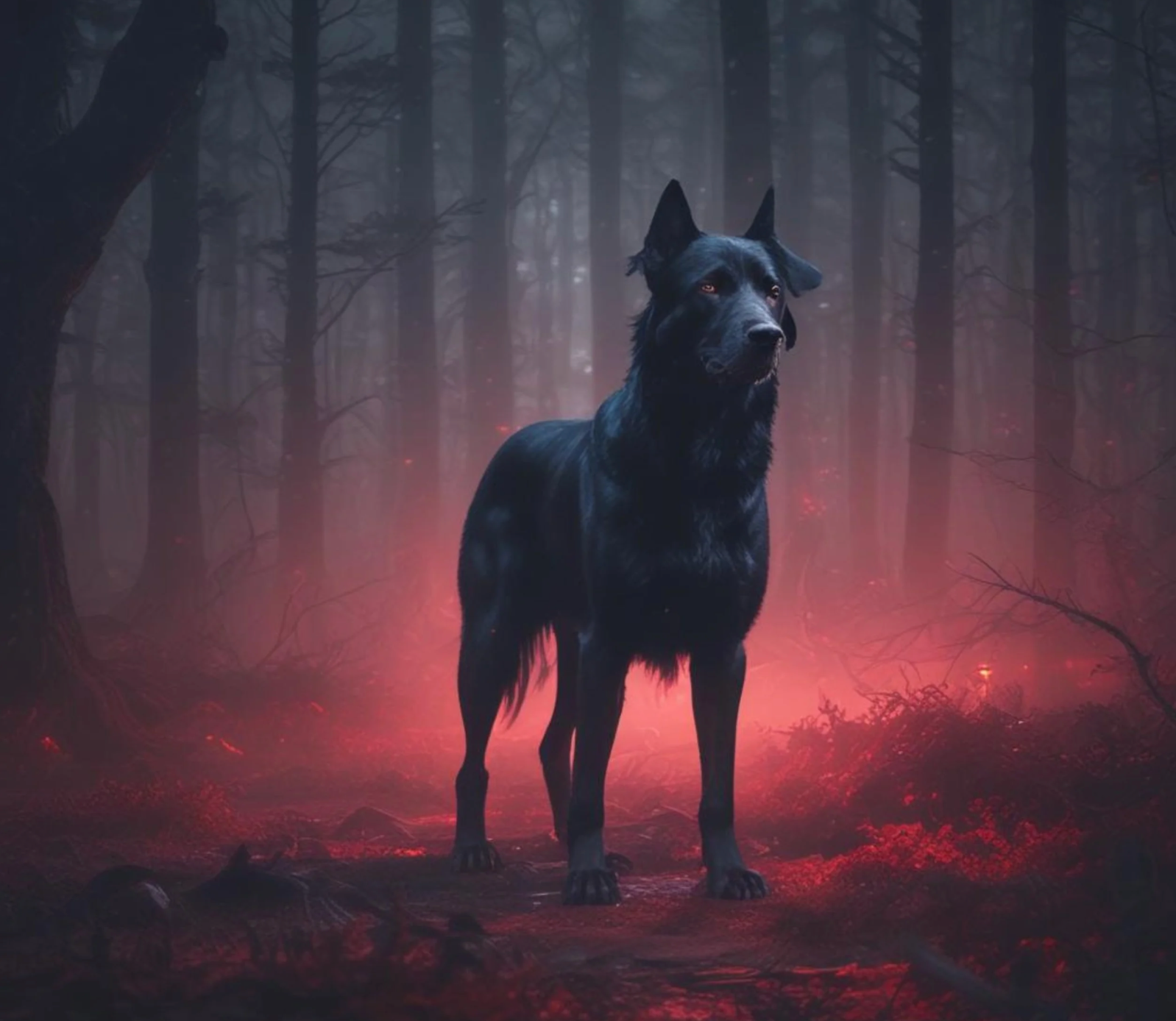large black dog in a Scottish forest at night with red light glowing
