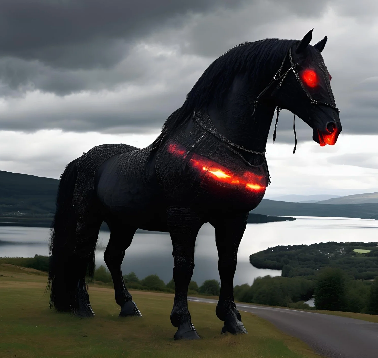 black Scottish kelpie standing beside Loch Ness