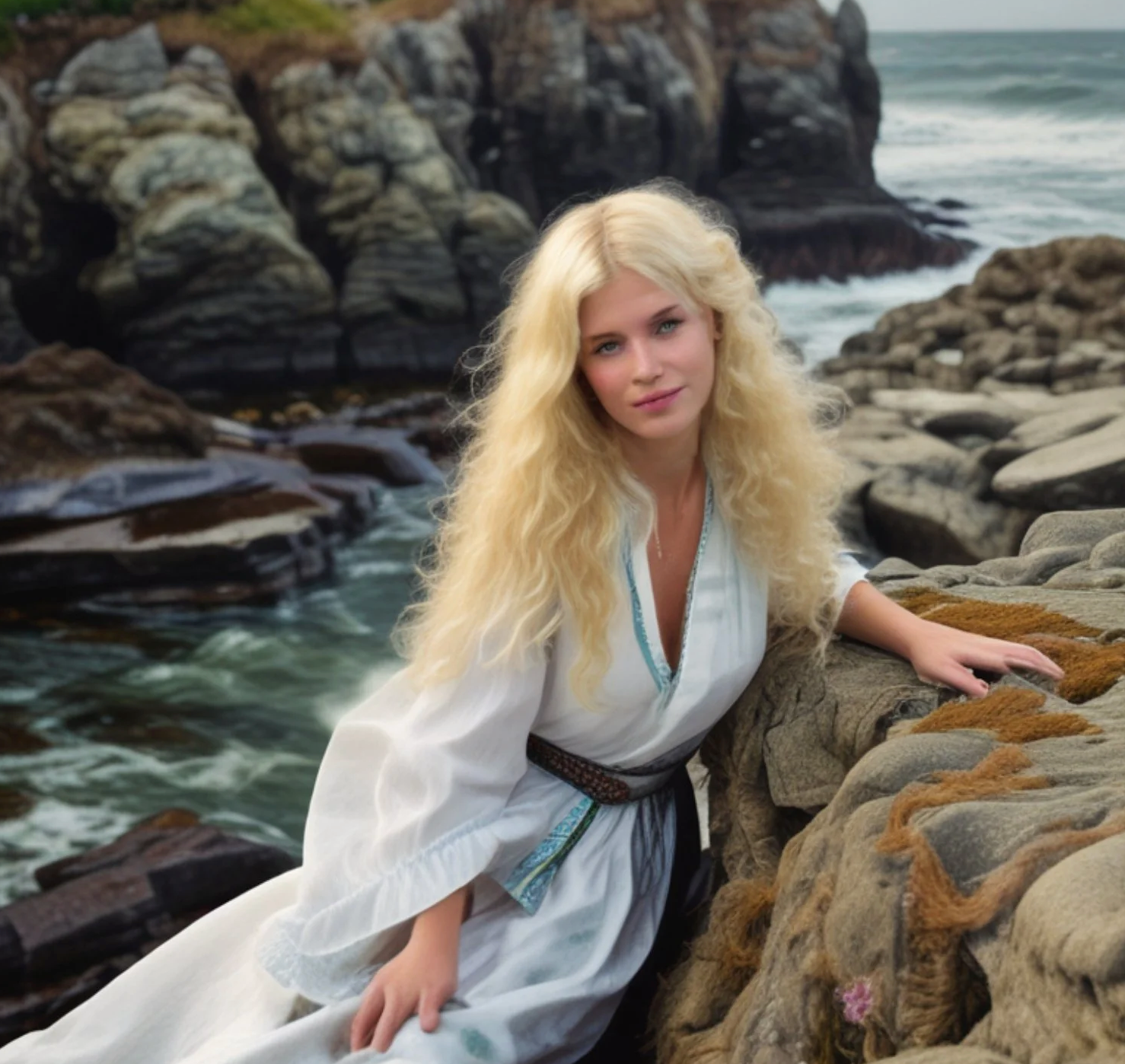 blonde woman laying on a rock on a scottish beach